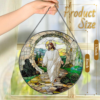 8 Inch He is Risen Resurrection of Jesus Stained Glass Suncatcher, Stained Glass Window Hanging