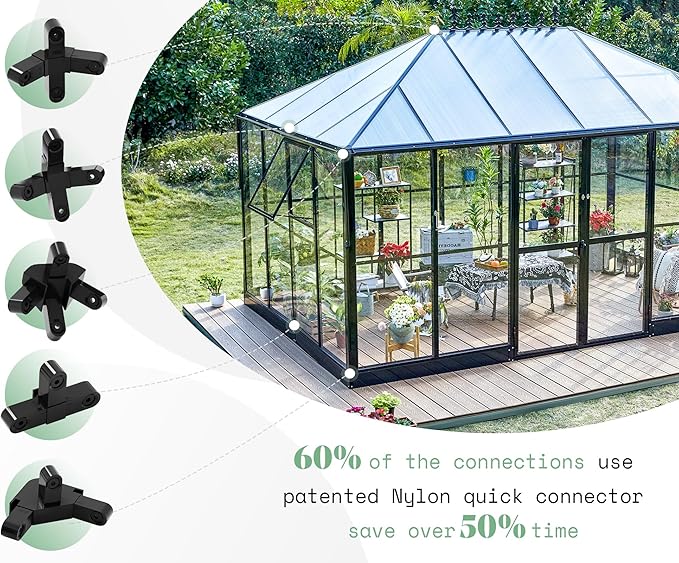 AMERLIFE 14x9.5x9 FT Hybrid Polycarbonate Greenhouse Quick Connector Fast Assembly, Swing 2 Doors