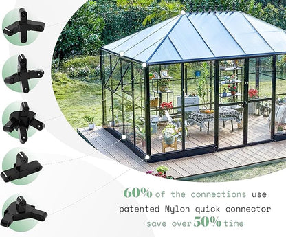 AMERLIFE 14x9.5x9 FT Hybrid Polycarbonate Greenhouse Quick Connector Fast Assembly, Swing 2 Doors