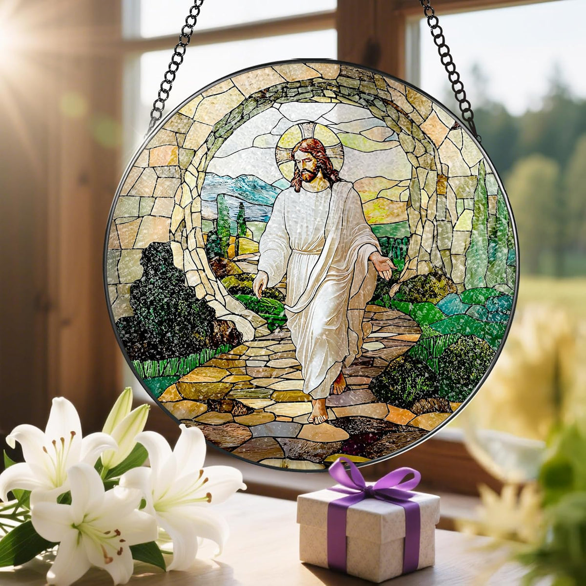 8 Inch He is Risen Resurrection of Jesus Stained Glass Suncatcher, Stained Glass Window Hanging