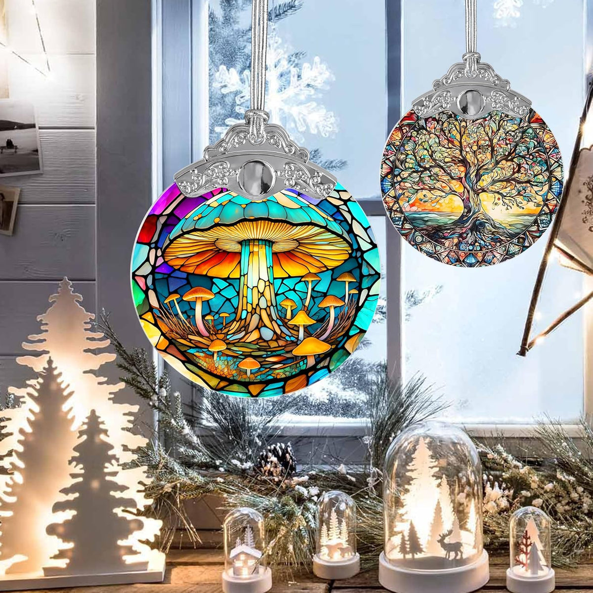 Stained Glass Suncatcher, Jocidea Mushroom Ornament, Christmas Ornaments, Holidays Ornaments