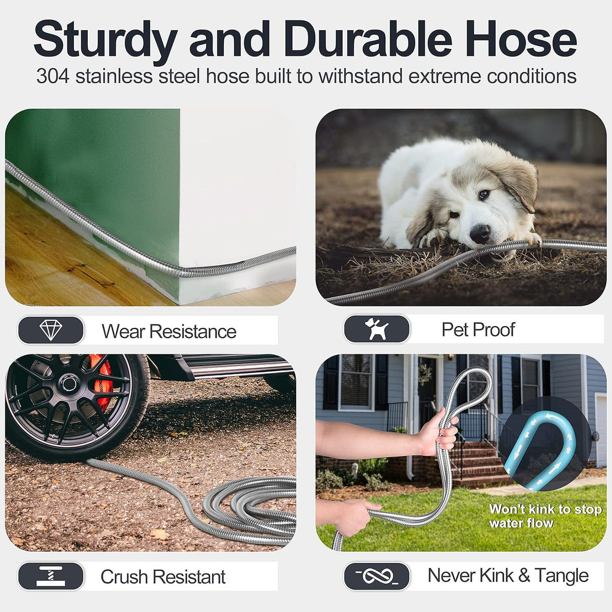 SPECILITE 50ft 304 Stainless Steel Garden Hose Metal, Heavy Duty Water Pipe with Nozzles for Yard