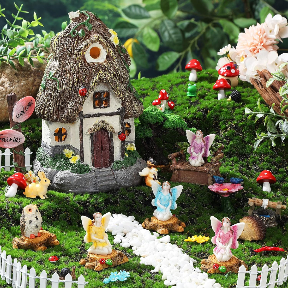 Leyndo 28 Pcs Solar House Garden Accessories Fairy Light up Fairy Figures Garden Kit Resin