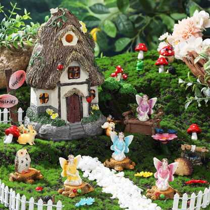 Leyndo 28 Pcs Solar House Garden Accessories Fairy Light up Fairy Figures Garden Kit Resin