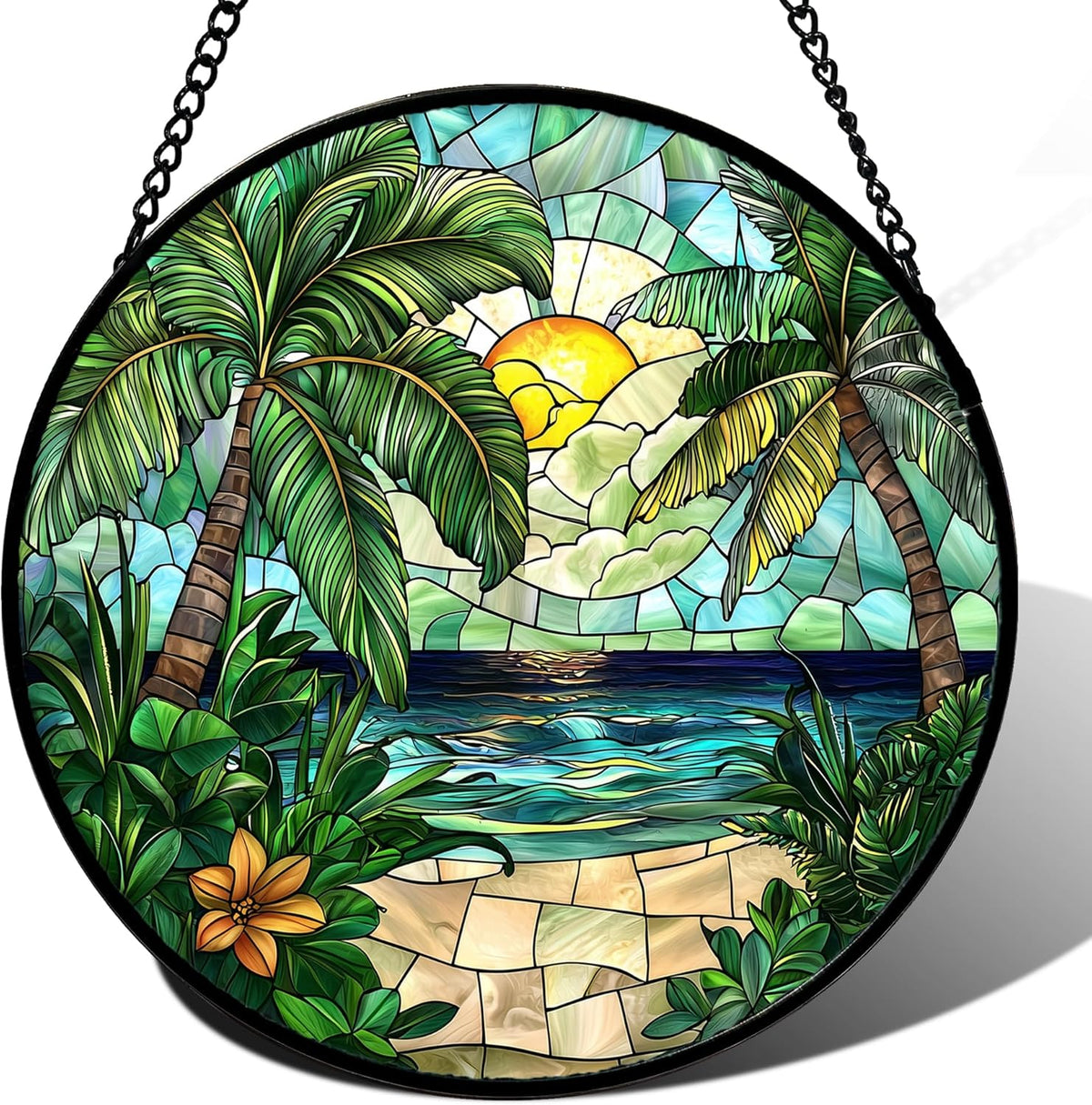 Stained Glass Window Hanging, Green Beach Scenery Suncatcher Diamond Glass Panel Hangings Sun