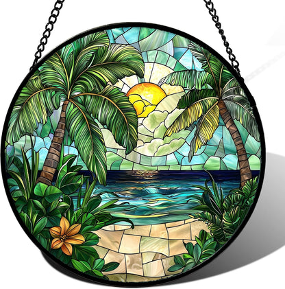 Stained Glass Window Hanging, Green Beach Scenery Suncatcher Diamond Glass Panel Hangings Sun