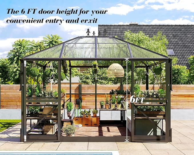 Jocisland 11x8.3x8.6 FT Polycarbonate Greenhouse with Clear Panels- 6 FT Wall Height Outdoor