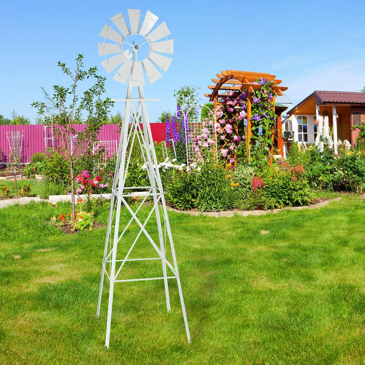 Garden Windmill for Yard Decor, 8 ft Tall Metal Windmill with Spinning Blades, Weather-Resistant