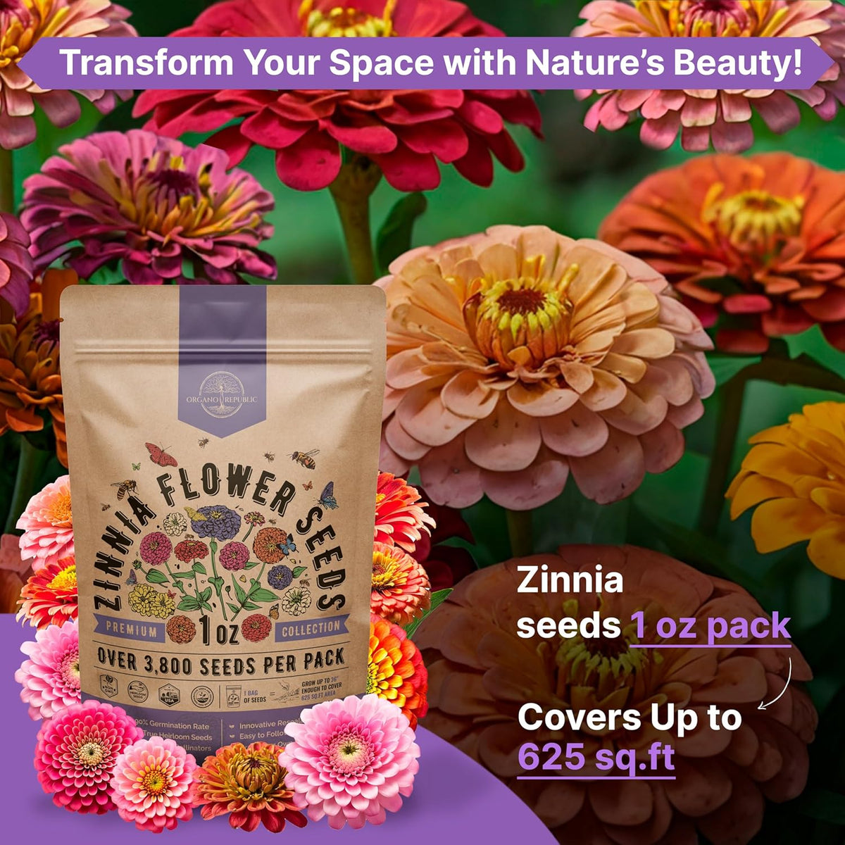 Zinnia Seeds Pack 1 oz - Over 3,800 Non-GMO Heirloom Zinnia Seeds for Planting, Annual Flowers in