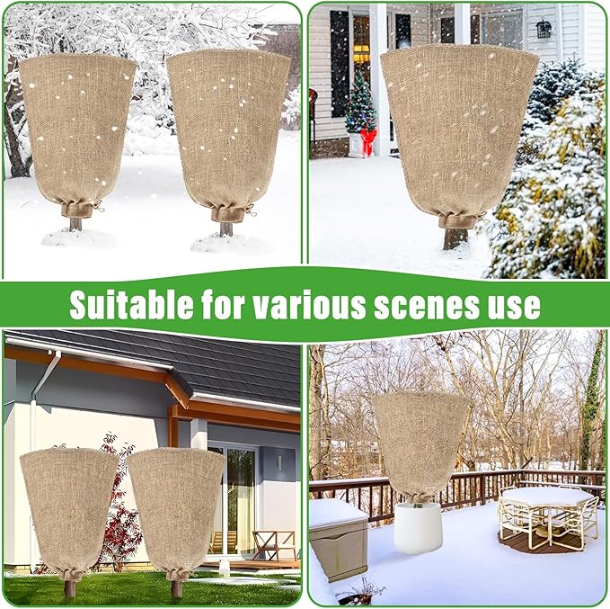 Riare 4 Packs 24 × 40 Inch Burlap Winter Plant Cover Bags with Drawstring- Reusable Large Burlap