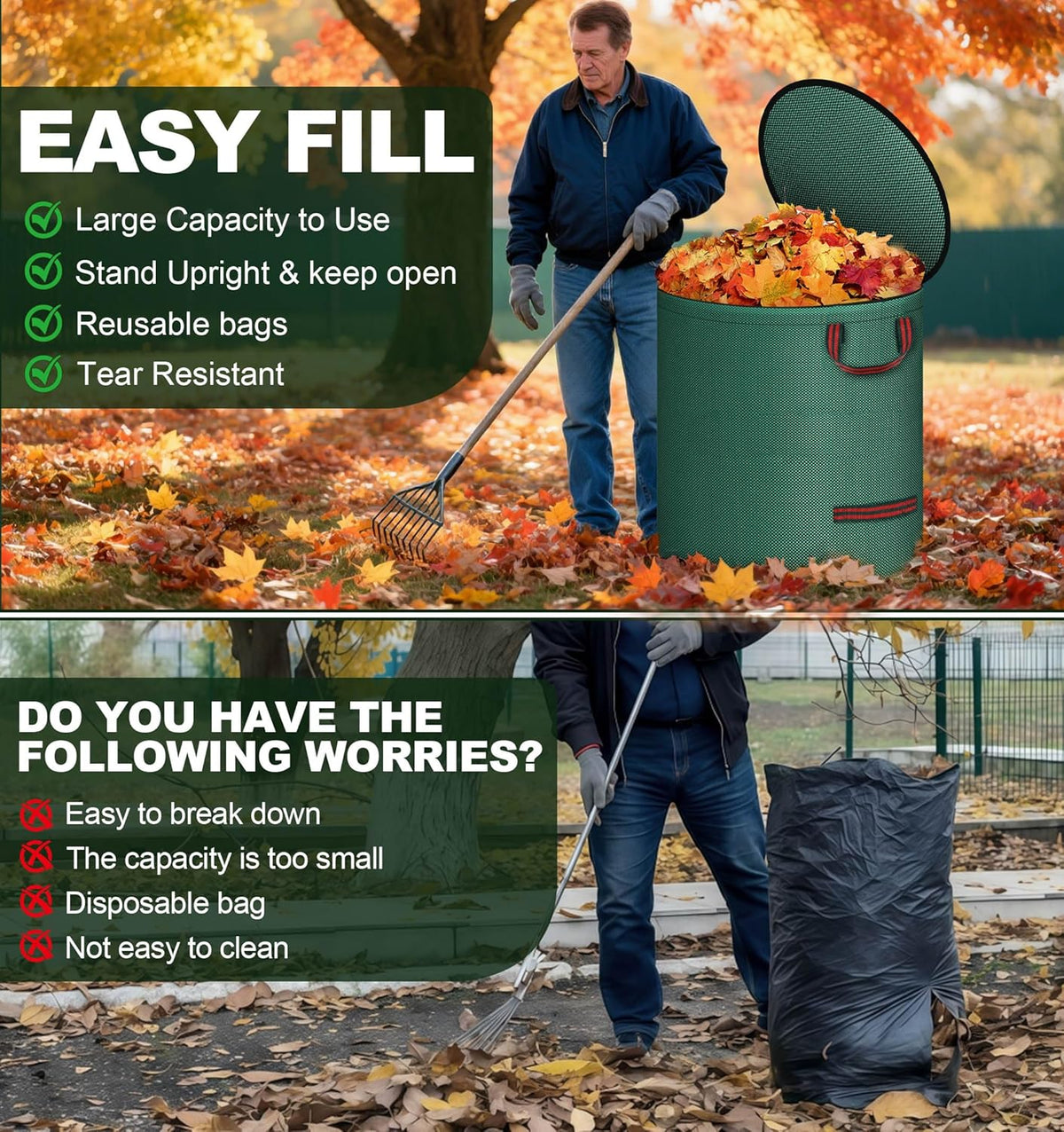 Reusable Yard Waste Bags with Lid, 2 Pack 72 Gallon Lawn and Leaf Garden Bags Heavy Duty with 4
