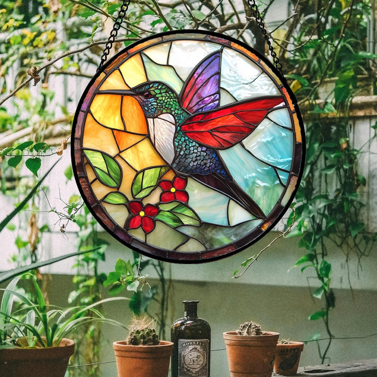Stained Glass Window Hanging, Hummingbird Gifts Sun Catchers Diamond Glass Panel Hangings Birds