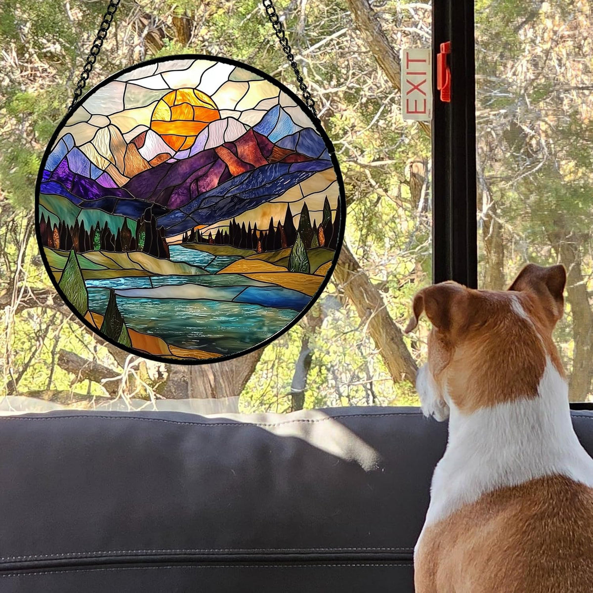 Stained Glass Window Hanging, Blue Lake Golden Sun Abstract Mountains Landscape Suncatcher for