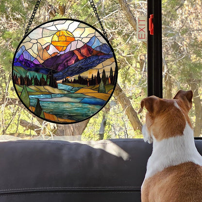 Stained Glass Window Hanging, Blue Lake Golden Sun Abstract Mountains Landscape Suncatcher for