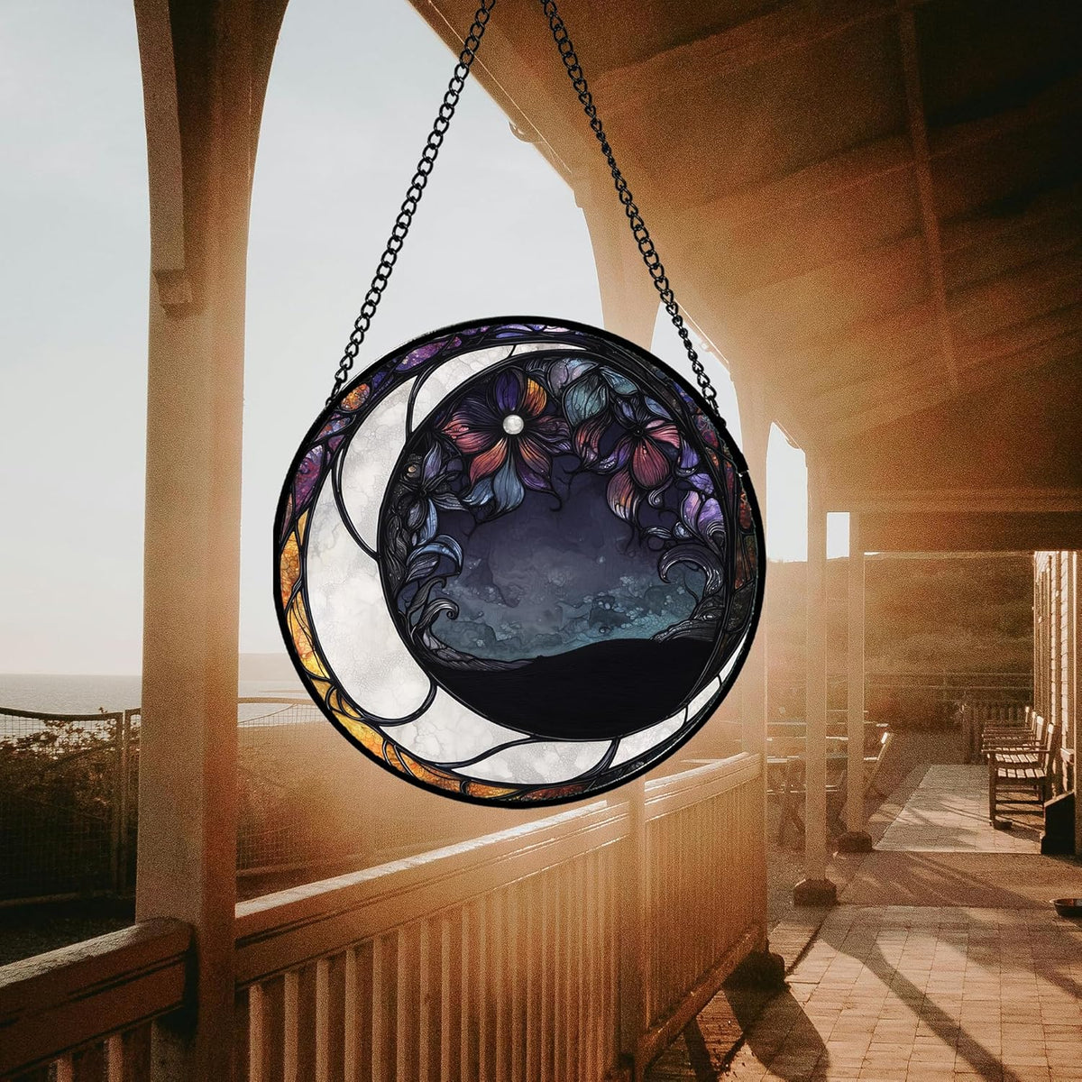 Stained Glass Window Hanging - Black and White Moon Sun Catcher for Door Terrace Garden Home Decor