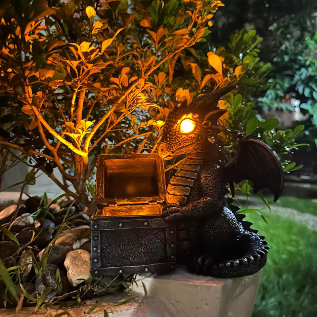 Garden Dragon Statue Solar Powered Outdoor Figurine Light Decor Cute and Hold Glowing Treasure