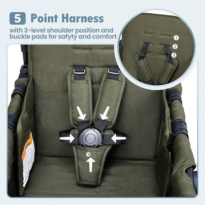 Wagon Stroller for 2 Kids, High Seat & 5 Point Harness, Foldable All-Terrain Wagon for Toddler with
