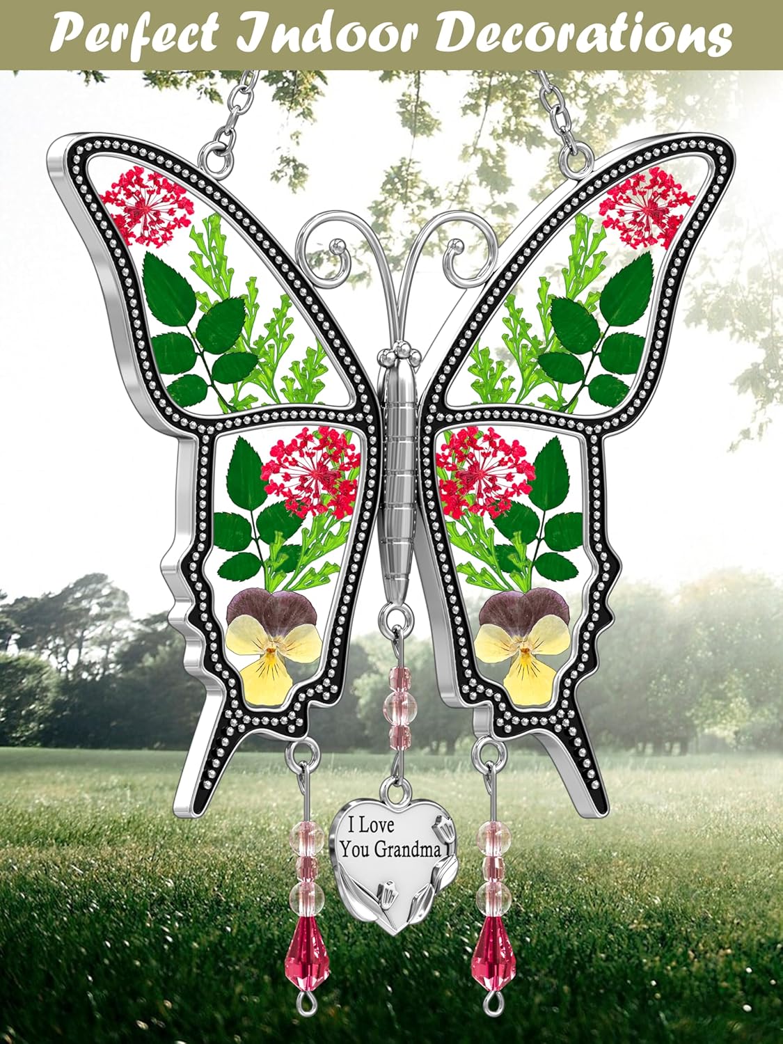 KY&BOSAM Butterfly Suncatcher I Love You Grandma Unique Grandma Gifts with Pressed Real Flower