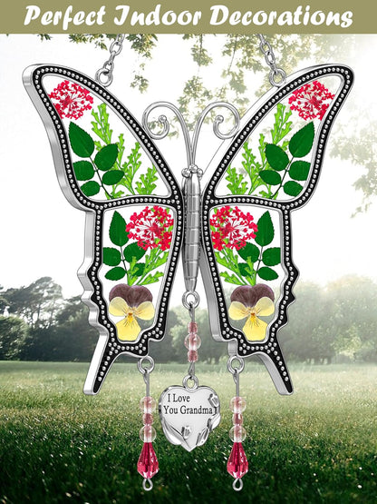 KY&BOSAM Butterfly Suncatcher I Love You Grandma Unique Grandma Gifts with Pressed Real Flower