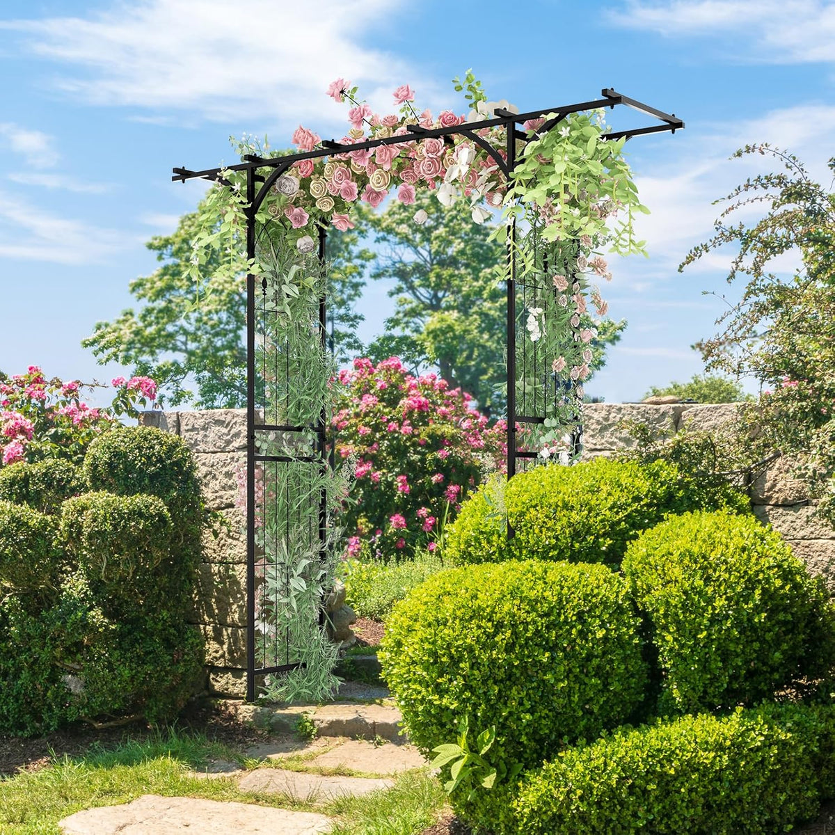 S AFSTAR Garden Arch Trellis Pergola, 6.8 FT Outdoor Metal Arbor w/Extended Top, 4 Ground Stakes