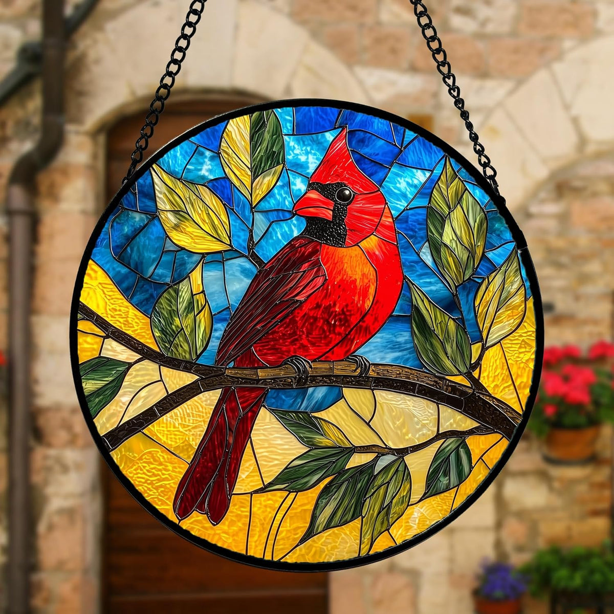 Stained Glass Window Hanging, Blue Sky Cardinal Sun Catchers Colorful Glass Panel Red Birds