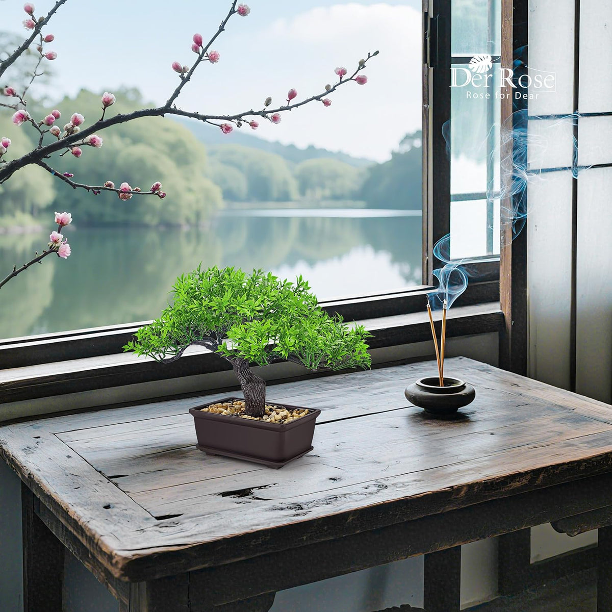 Der Rose 8'' Artificial Bonsai Tree Small Fake Potted Plants for Zen Japanese Home Office Desk
