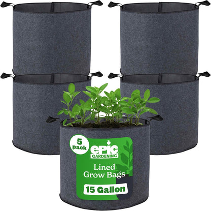Epic Gardening 5 Pack 15 Gallon Grow Bags with Handles (Lined) - Heavy Duty Fabric Pots for