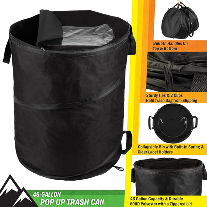 Wakeman Collapsible Trash Can - 46-Gallon Garbage Can Outdoor Bin with 3 Stakes for RV, Camping