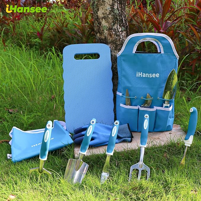 Blue Garden Tool Sets 12-Piece, Aluminum Gardening Hand Tools w/Ergonomic Handle, Garden Supplies