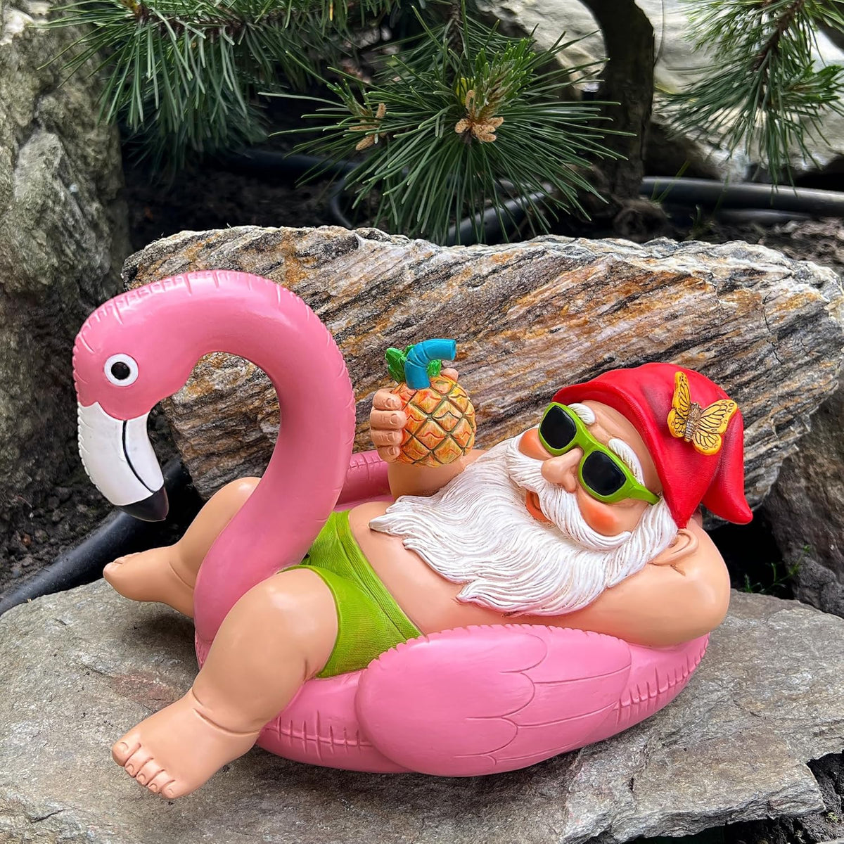 Mood Lab Garden Gnome on Flamingo - Funny Gnome Figurine - 8 Inch Depth Lawn Statue - for Outdoor