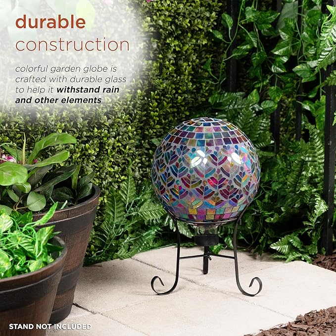 Alpine Corporation - Outdoor Glass Mosaic Peacock Gazing Globe - Iridescent Garden Decor, 10"