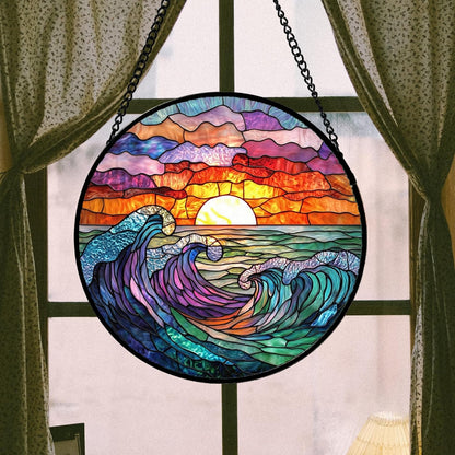 Stained Glass Window Hanging, Clouds and Sea Waves Suncatcher Diamond Glass Panel Hangings Scenery