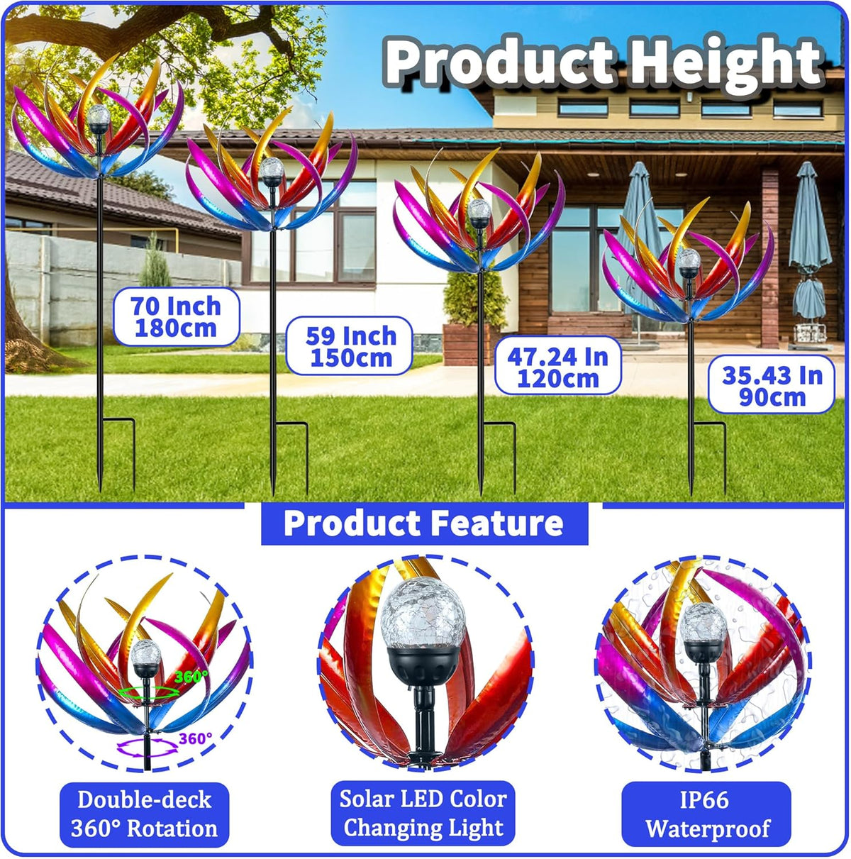 Wind Spinners Outdoor for Yard and Garden - Wind Sculptures & Spinners - 70 Inch Wind Spinner with