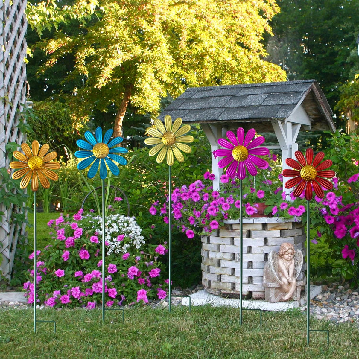 5pcs Wind Spinners Metal Colorful Flowers Garden Stake, Small Daisy Pinwheels, 27" Windmill for