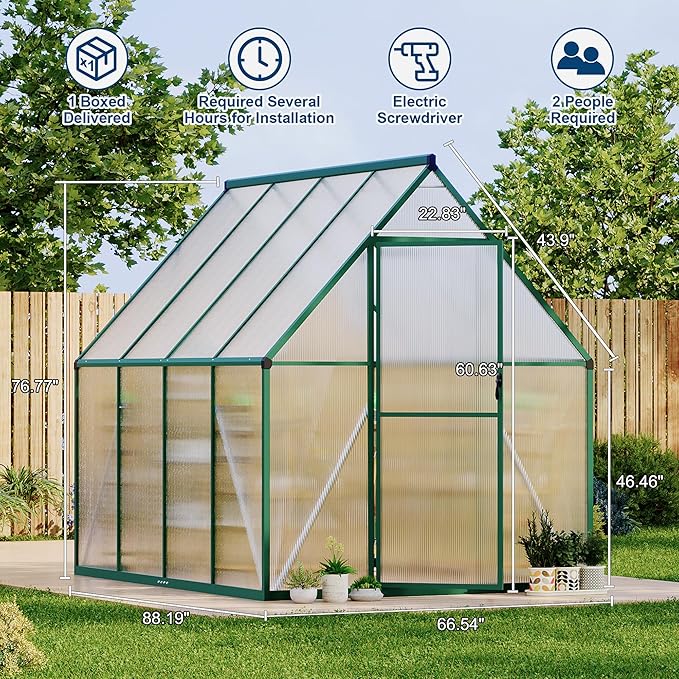 6'X7' Aluminum-Framed Polycarbonate Greenhouse, Heavy Duty Polycarbonate Greenhouse with Quick