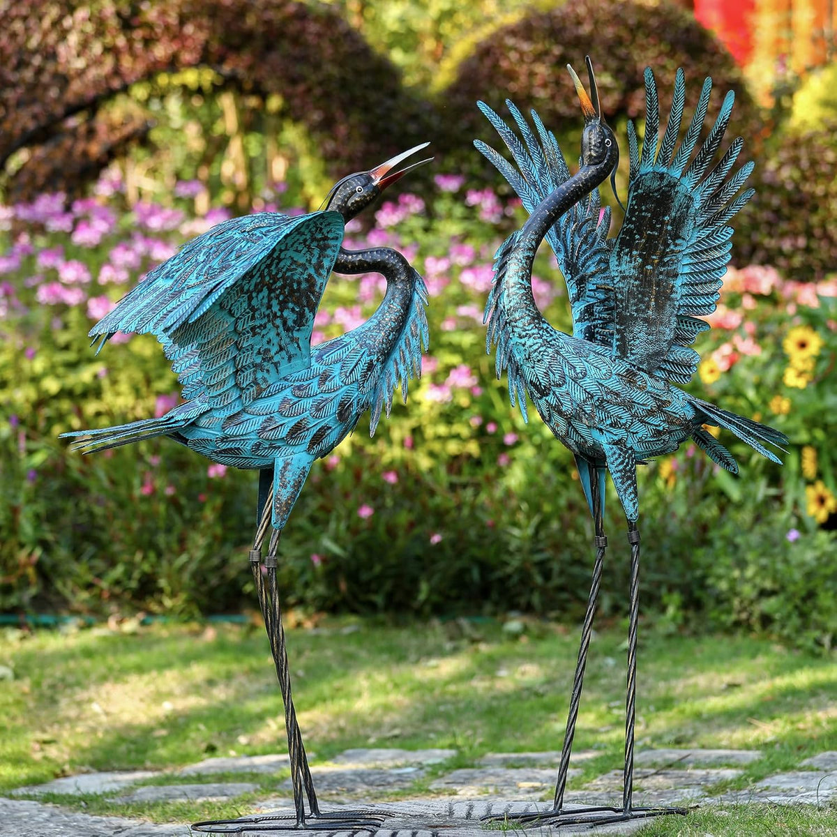 Natelf Garden Crane Sculptures & Statues, Blue Heron Decor Outdoor Large Bird Yard Art, Standing