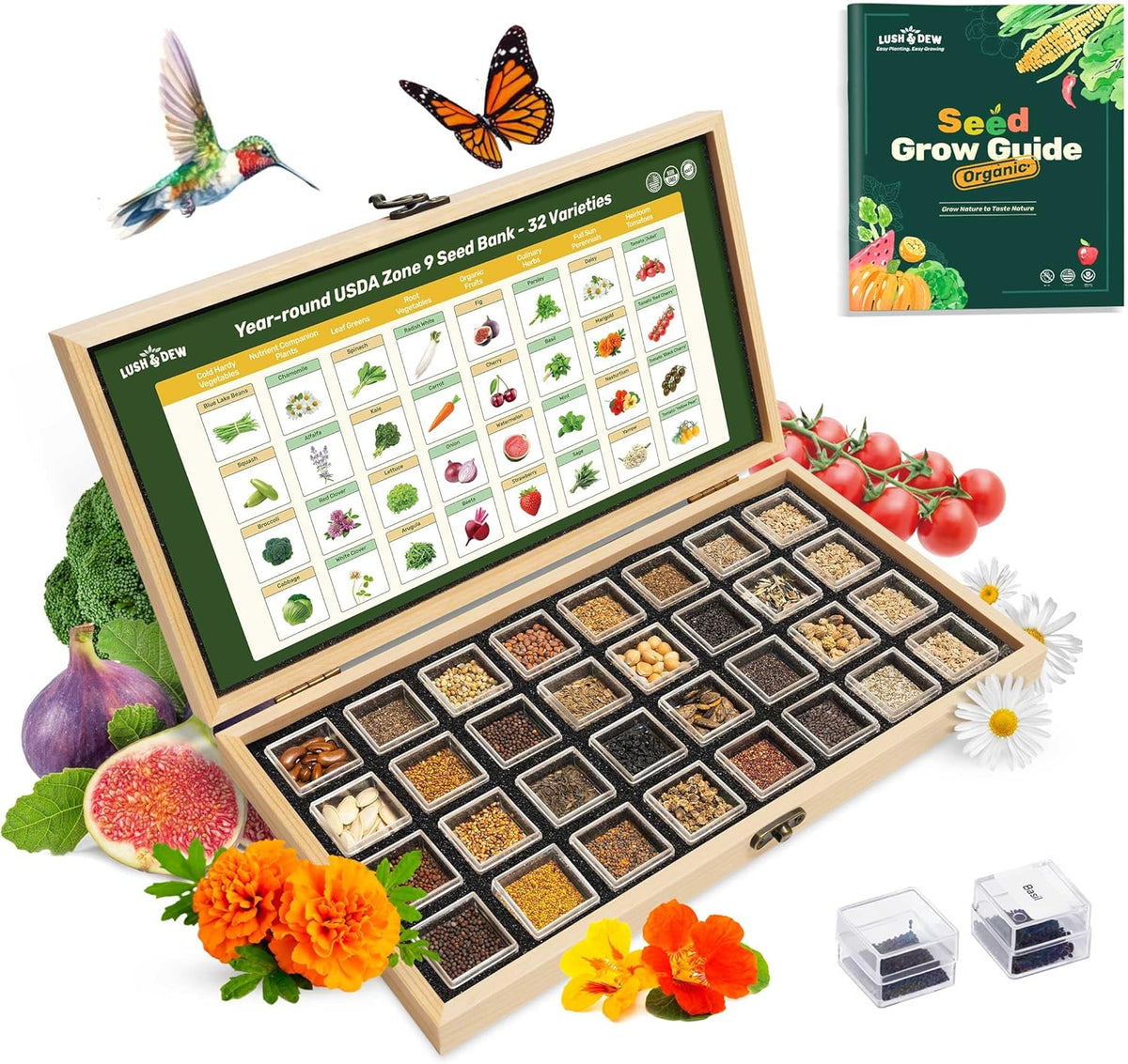 Lush&Dew Year-Round USDA Zone 9 Seed Bank, Gift for Mom Dad, 32 Varieties Non-GMO Heirloom Seeds of