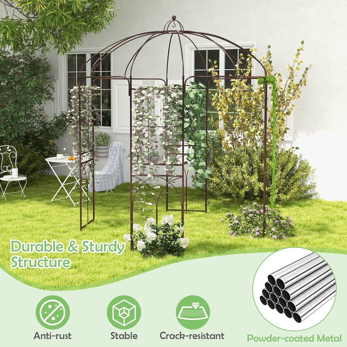 LDAILY Garden Arches Arbors Birdcage Shape, 8.4' H x 7' W Metal Pergola Pavilion with 16 Ground