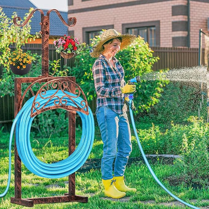 Garden Hose Holder Hanger Freestanding, Upgraded 4 Spikes Heavy Duty Storage Reel Stand with
