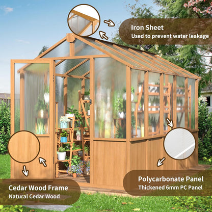 Wooden Greenhouse 6x10 FT, Walk-in Greenhouse for Outdoors with 6MM Thick Polycarbonate Panel and