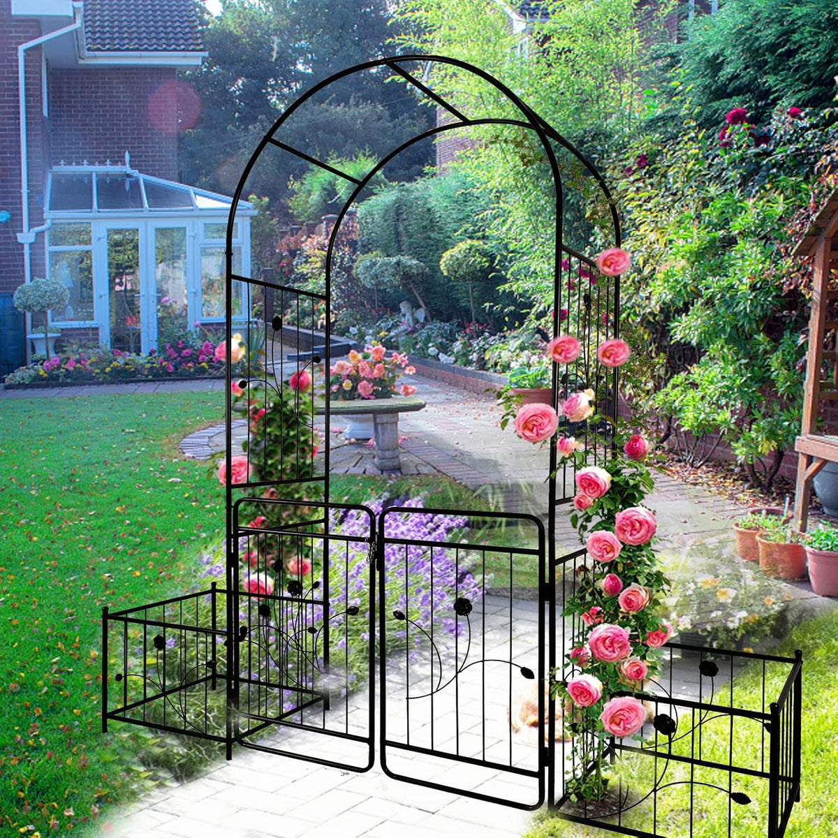 Metal Garden Arbor Arch with Gate and Plant Box, 86.6" H Garden Trellis Wedding Arch Party