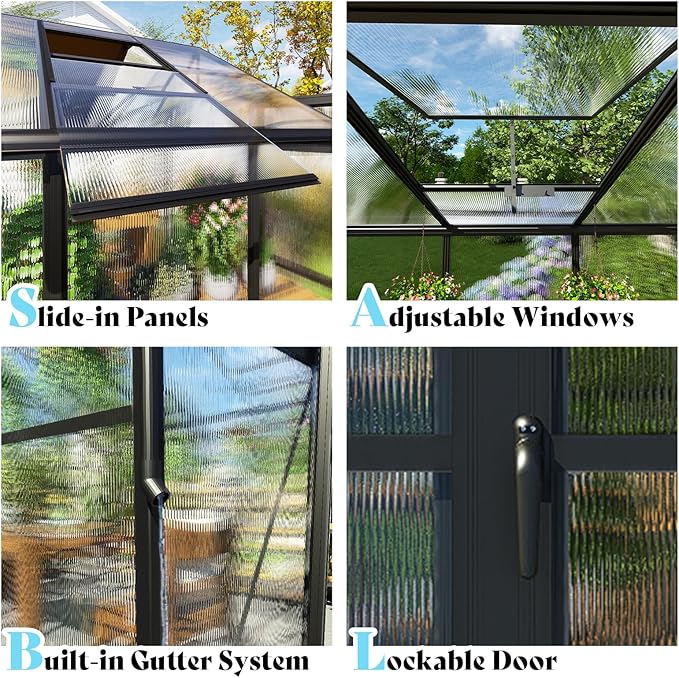 AMERLIFE 8x12x7FT Polycarbonate Greenhouse, Walk in Greenhouse with Quick-Connect System, Green