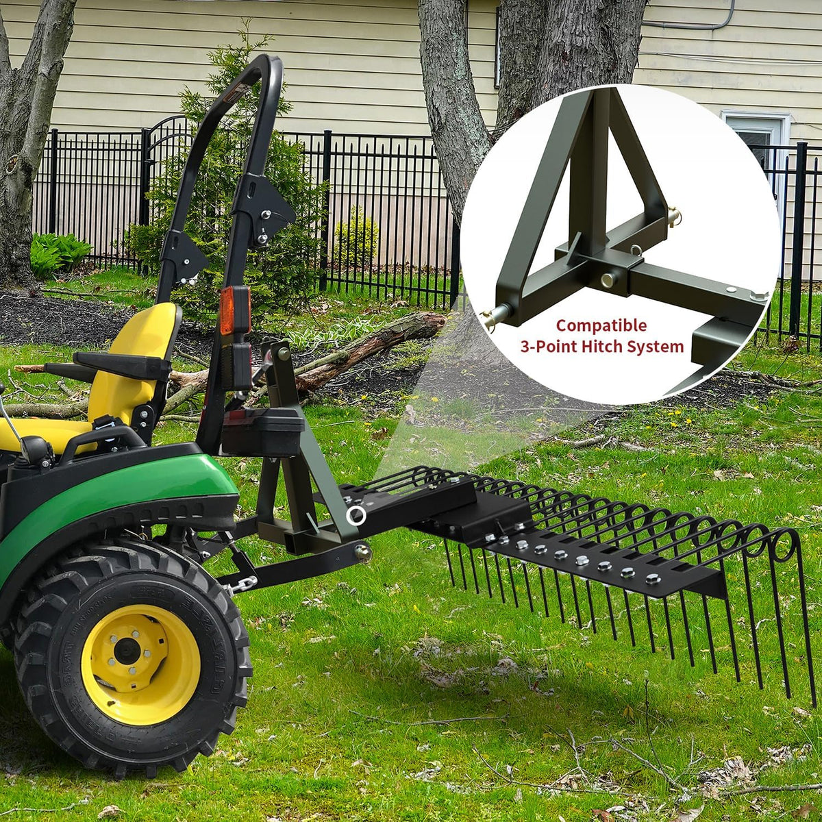 5FT Durable Pine Straw Rake Steel Spring Landscape Rake Fits 2" Receiver for Lawn Tractors or