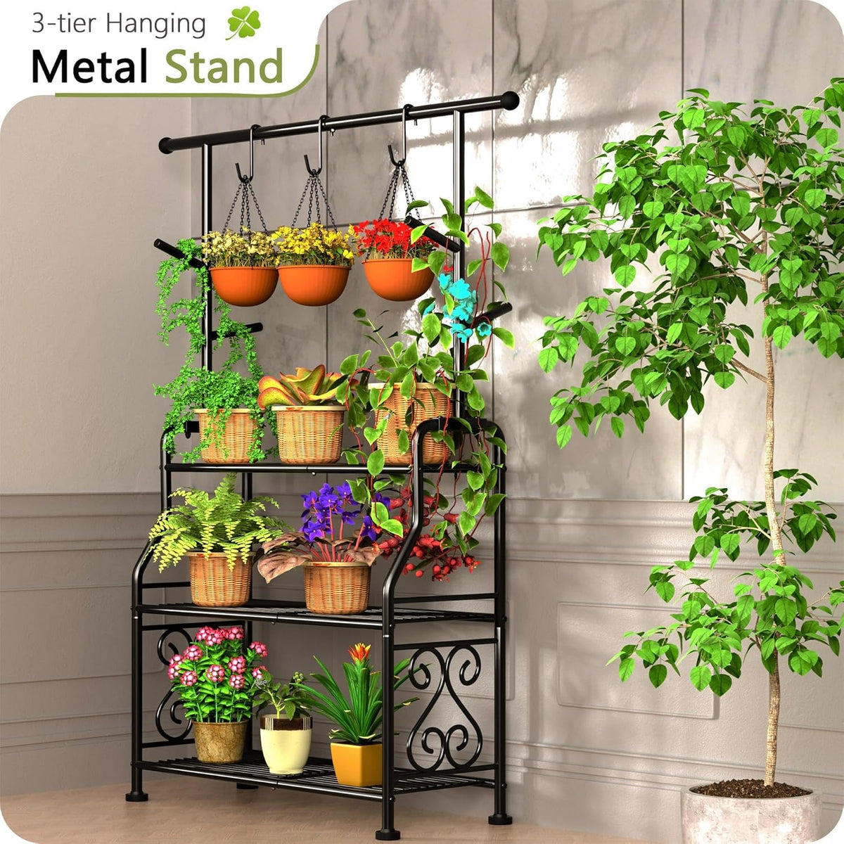 GIOTORENT Plant Stand Indoor, 3-Tier Heavy Duty Metal Shelf for Patio & Indoor, Tall Plant Holds