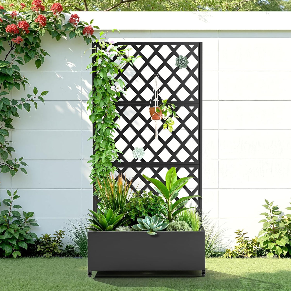 Metal Raised Garden Bed with Trellis and Wheels, 2 in 1 Trellis with Planter Box & Privacy Screen