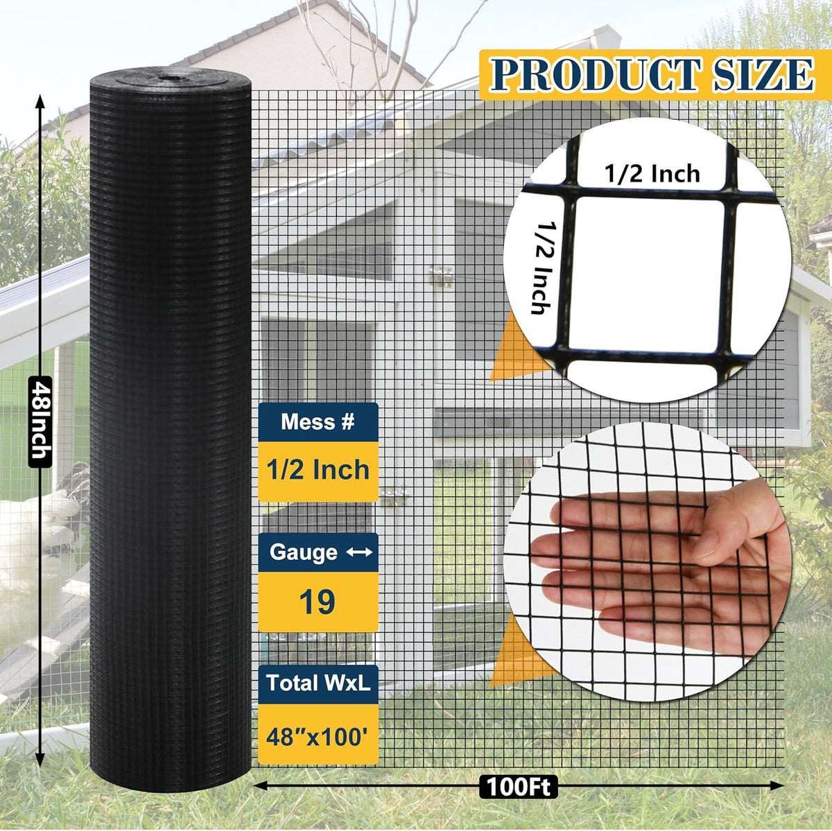 Sunnyglade Hardware Cloth, 1/2 Inch 48" x 100 ft Black Vinyl Metal Mesh Roll, 19 Gauges Chicken