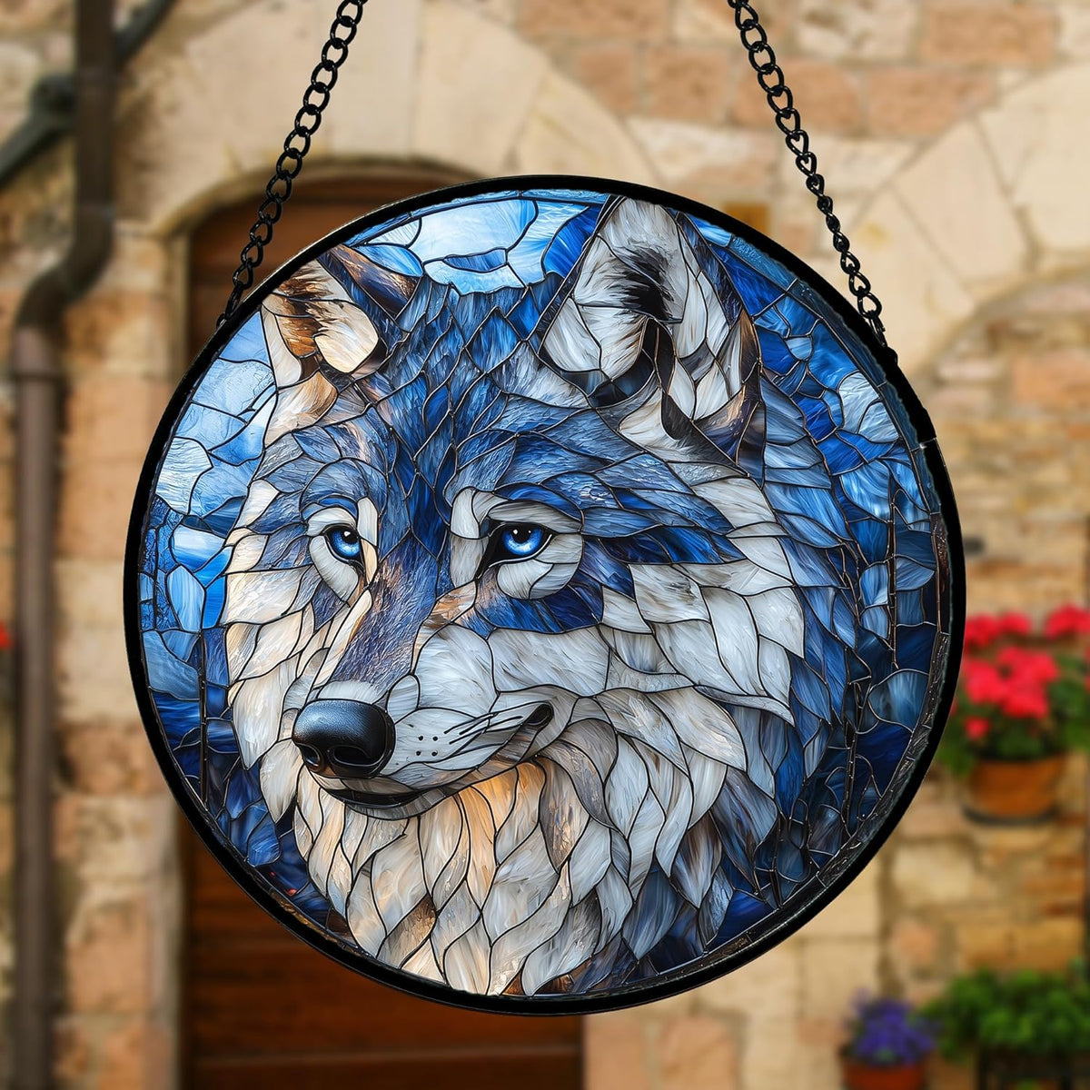 Stained Glass Window Hanging - Funny Wolf Suncatcher Ready to Hang Window Doors Home Decoration and