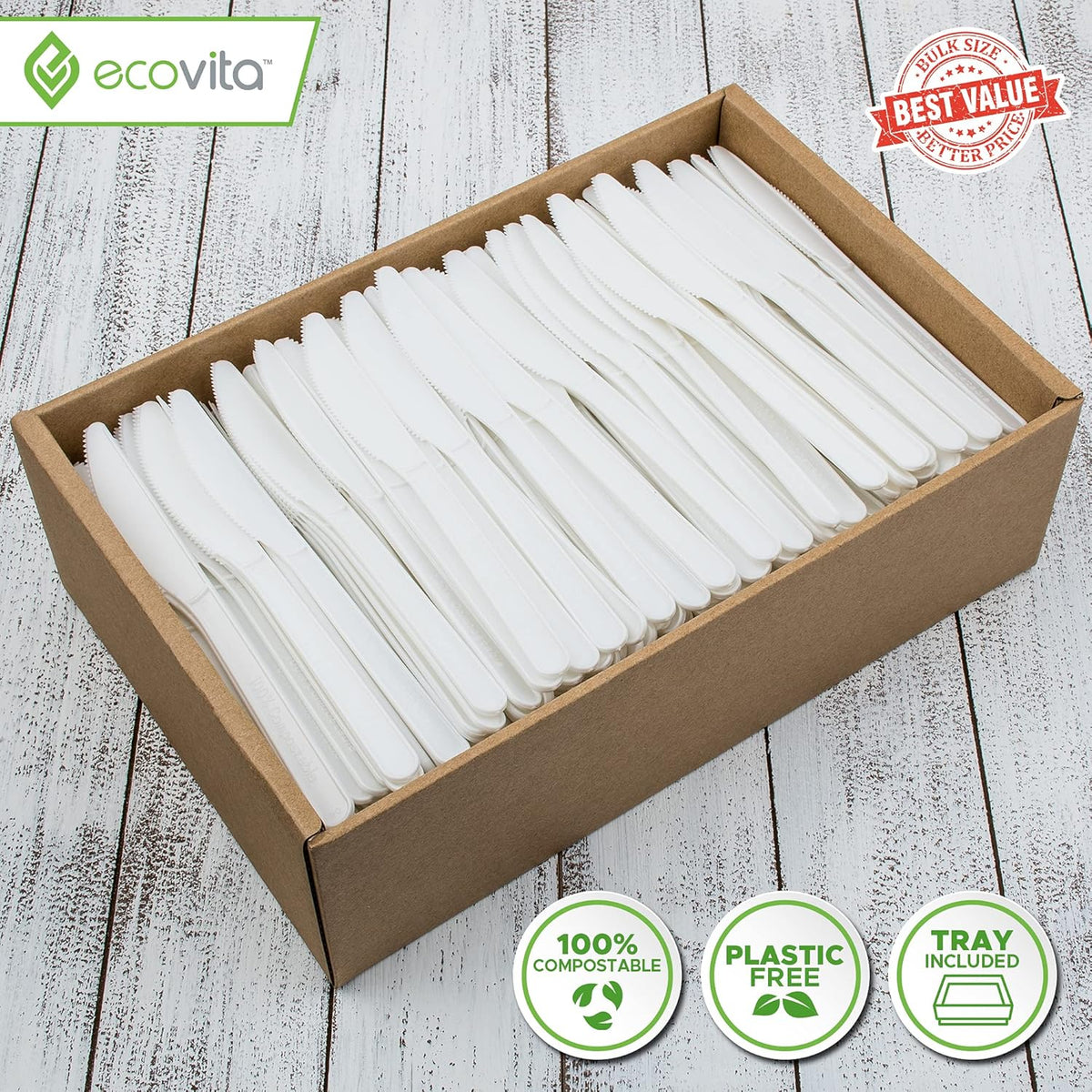 Ecovita 100% Compostable Knives - 500 Large Disposable Utensils (7 in.) Bulk Size Eco Friendly