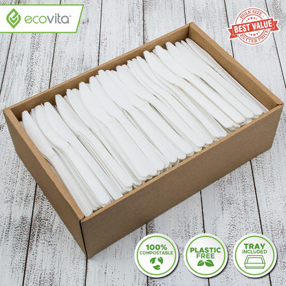 Ecovita 100% Compostable Knives - 500 Large Disposable Utensils (7 in.) Bulk Size Eco Friendly