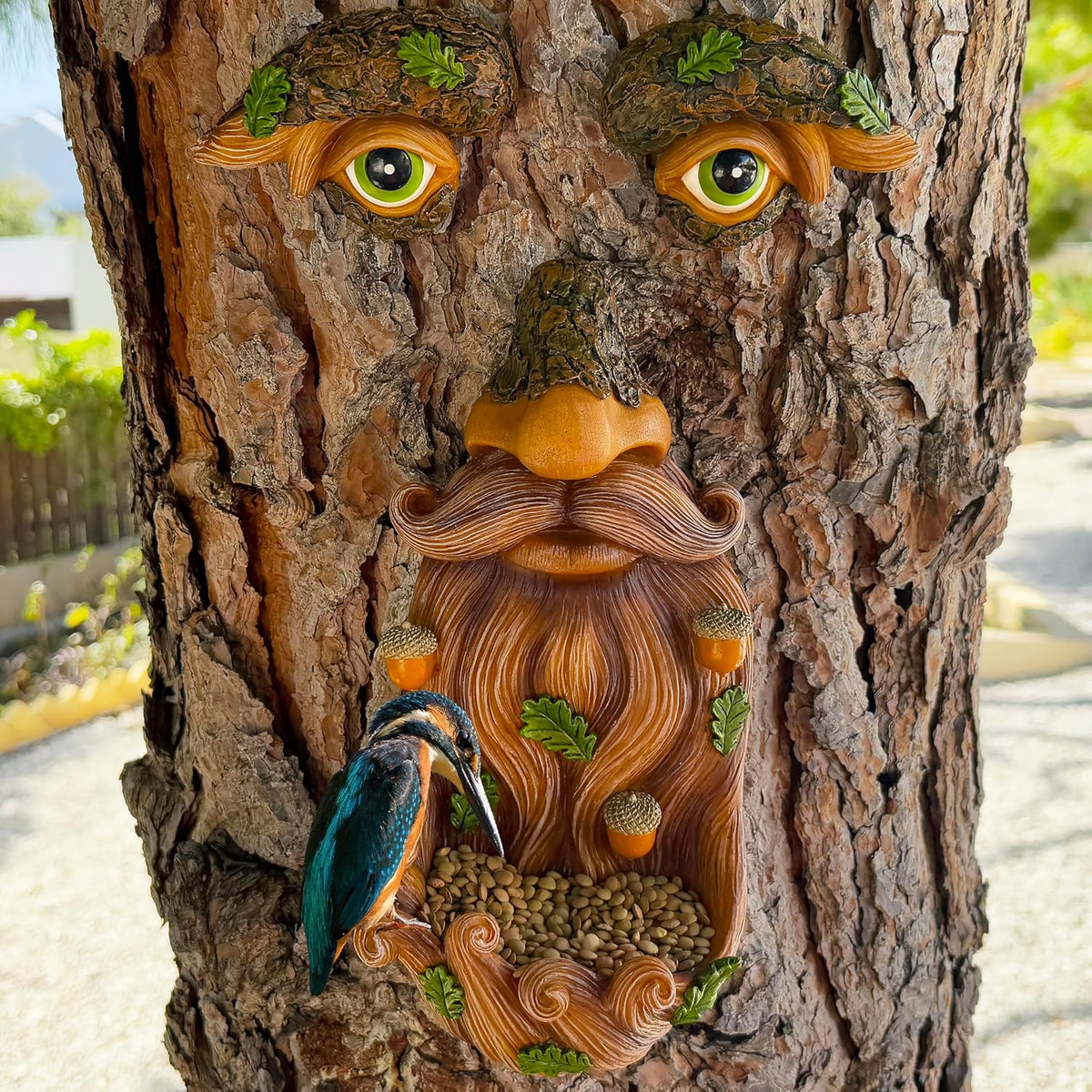 Mood Lab Tree Face Decor - Outdoor Bird Feeder with Acorns - Old Man Tree Face Garden Hugger